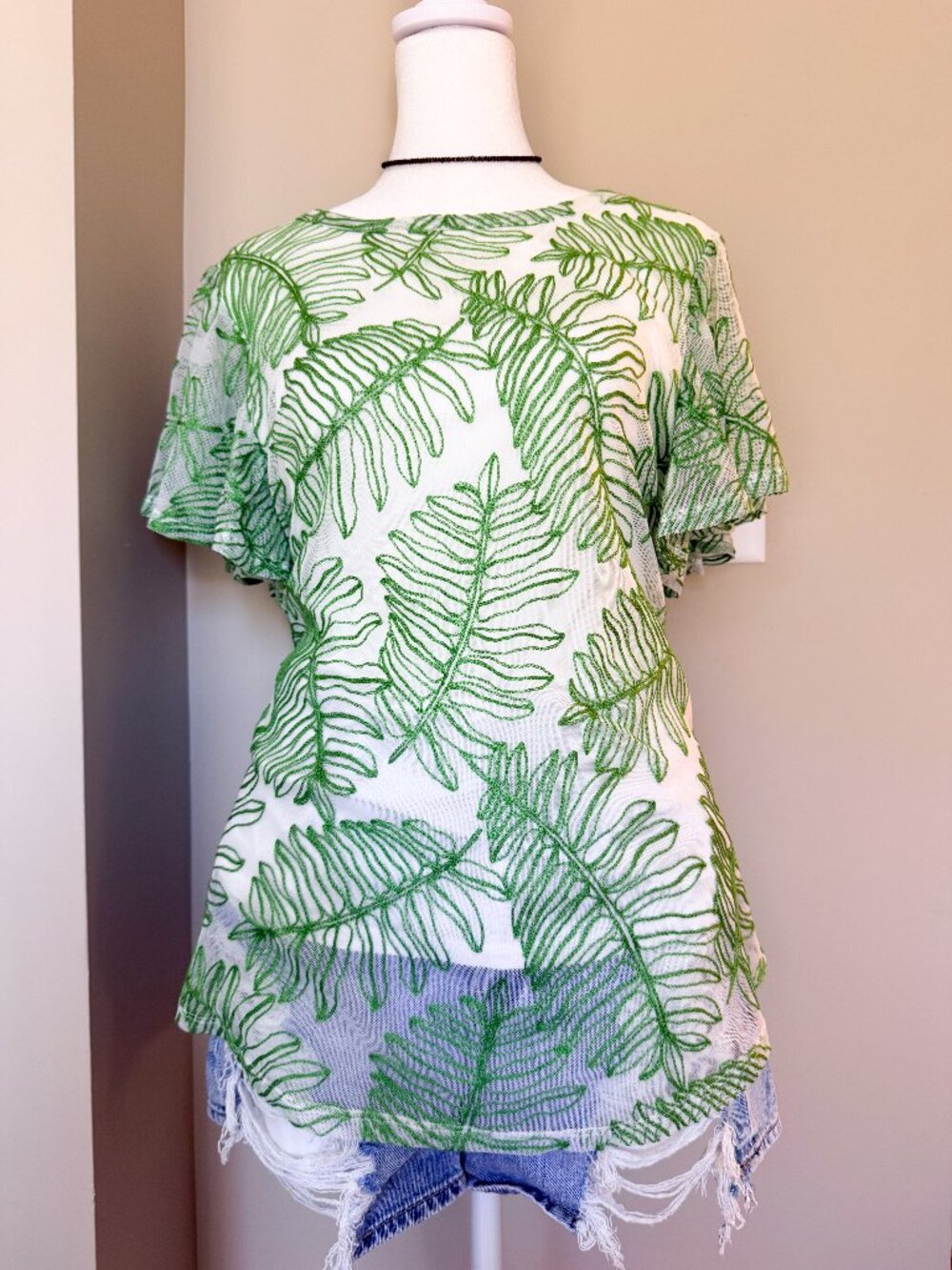 Kim & Cami White Embroidered Tropical Leaf Blouse - X Large